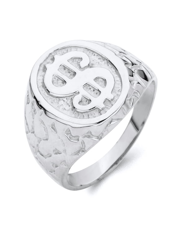 Sterling Silver Nugget Dollar Sign Money Signet Ring- Size 9