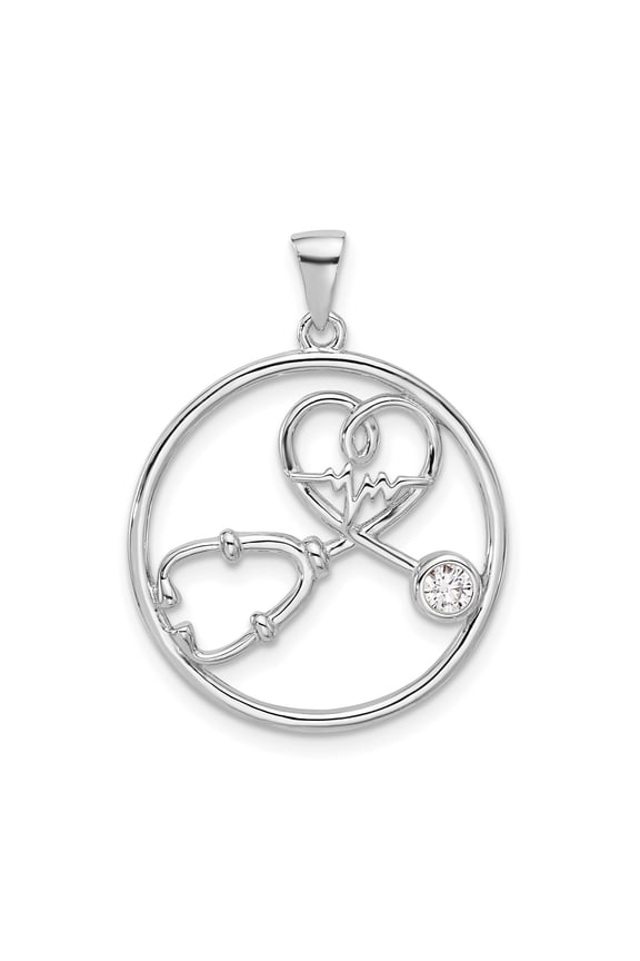 Sterling Silver Nurse Pendant Necklace with Heart Stethoscope, EKG Line, Clear Gem, Medical Round Charm for Women, Doctor Jewelry, Healing Symbol, Healthcare Appreciation Style
