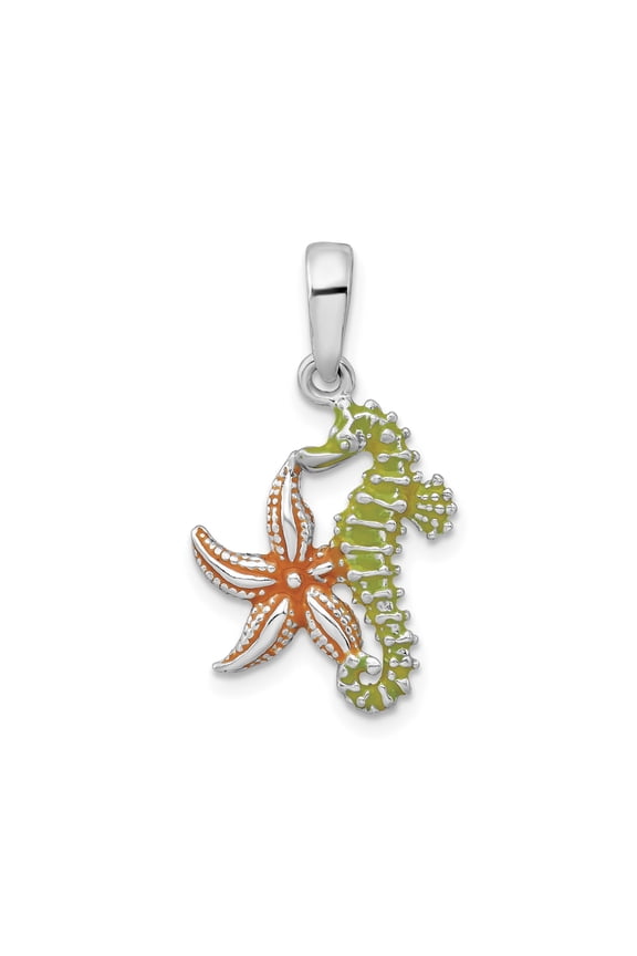 Sterling Silver Ocean Pendant Necklace for Women with Orange Starfish and Green Seahorse, Nautical Coastal Style Enamel Jewelry, Marine Life Nature Adventure Accessory for Summer Outfits