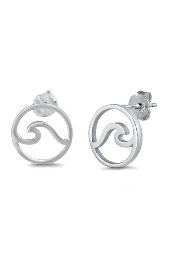 Sterling Silver Ocean Wave Outline Circle Minimalist Earrings 925 Jewelry Female Unisex
