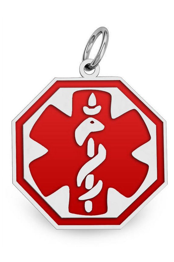 Sterling Silver Octagon Medical ID Charm or Pendant W/ Red Enamel - 1/2 Inch X 1/2 Inch