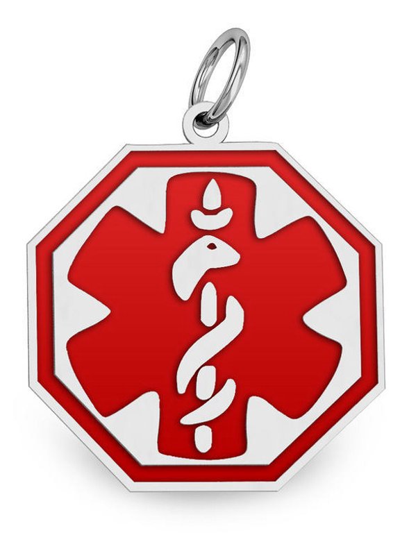 Sterling Silver Octagon Medical ID Charm or Pendant W/ Red Enamel - 1 Inch X 1 Inch