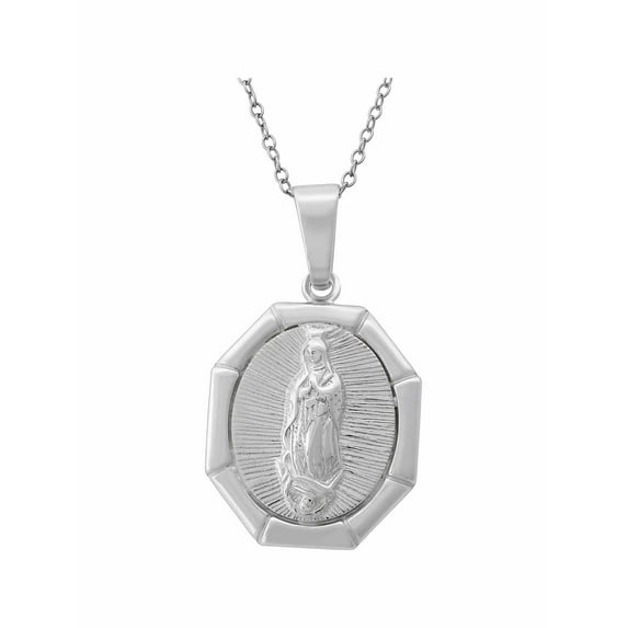 Sterling Silver Octagon Virgin Mary Pendant, 18"
