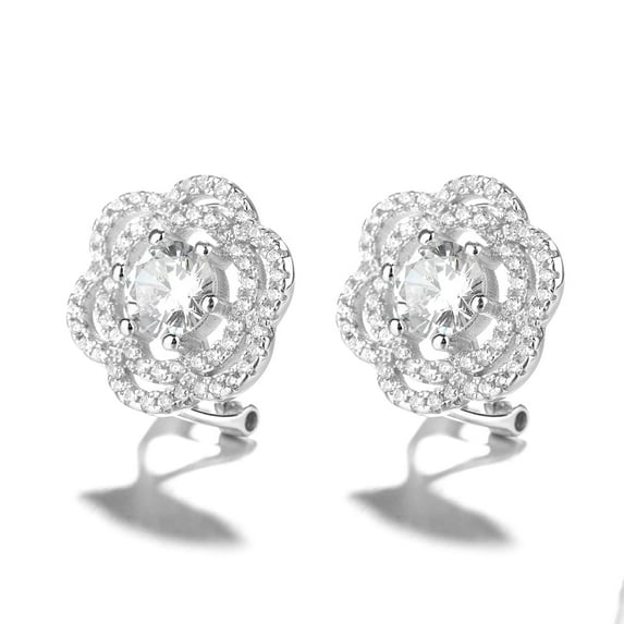 Sterling Silver Omega Flower Stud Earrings With Crystals