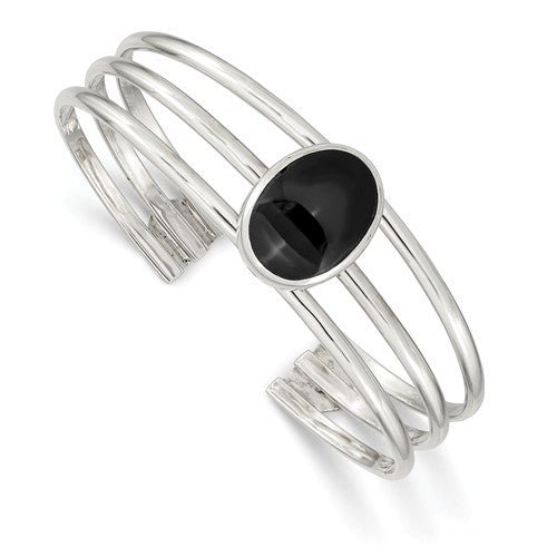 Sterling Silver Onyx 3 Strand Cuff Bangle Bracelet