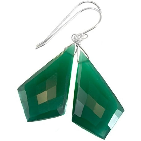 Sterling Silver Onyx Earrings Green Faceted Pointed Triangular Shape Large Drops Triangle Dangles