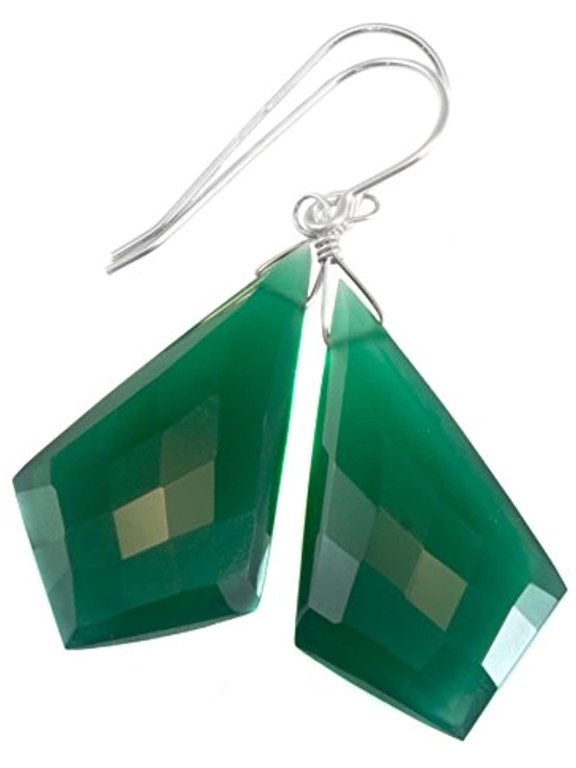 Sterling Silver Onyx Earrings Green Faceted Pointed Triangular Shape Large Drops Triangle Dangles