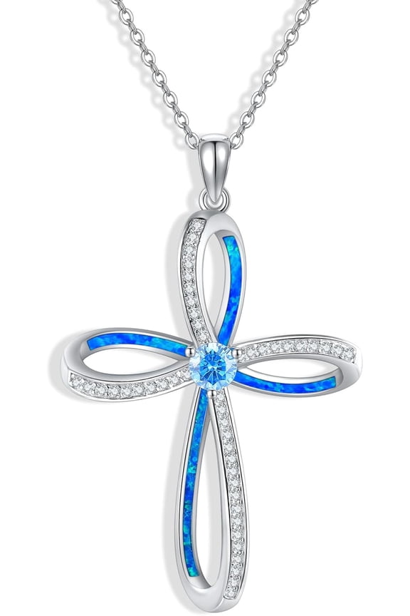 Sterling Silver Opal Cross Pendant Necklace For Women Blue Opal Cross Necklace Jewelry Gift For Women Female