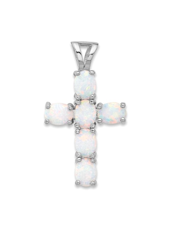 Sterling Silver Opal Cross Pendant Necklace for Men and Women with Cabochon Oval Blue Green or Lavender Gemstone Spiritual Jewelry with Mirror Finish