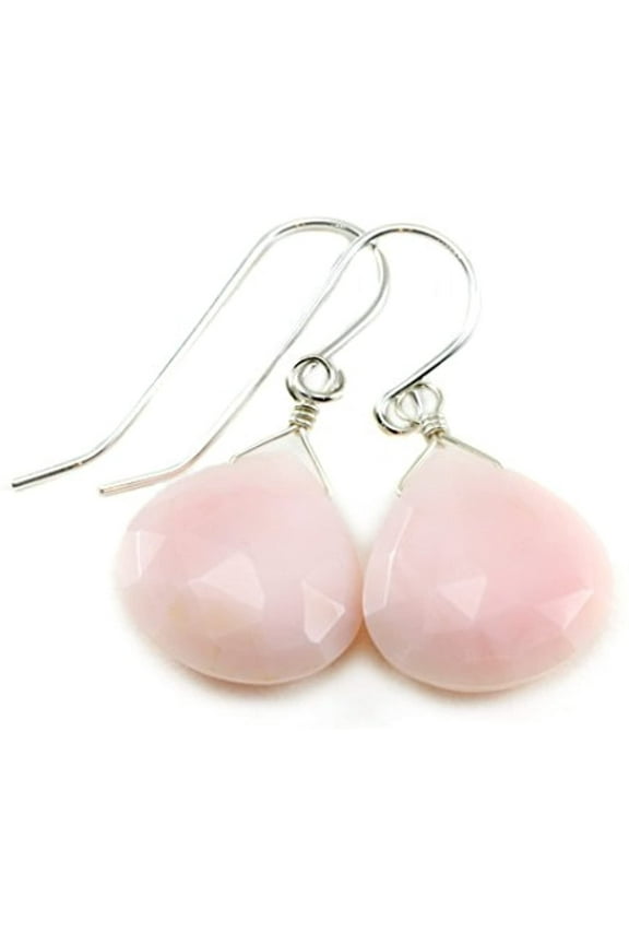 Sterling Silver Opal Earrings Pink Large Faceted Briolettes Heart Teardrops Simple Dangles Designed for Adult Women