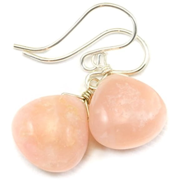 Sterling Silver Opal Earrings Pink Smooth Heart Teardrops Earthy Everyday Dangles Designed for Adult Women
