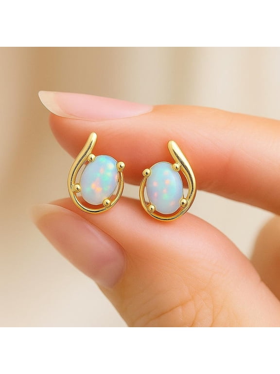 Sterling Silver Opal Stud Earrings for Women, Birthstone Stud Earrings, Oval/Round Shape Opal Earrings Hypoallergenic Jewelry Gift for Birthday Christmas