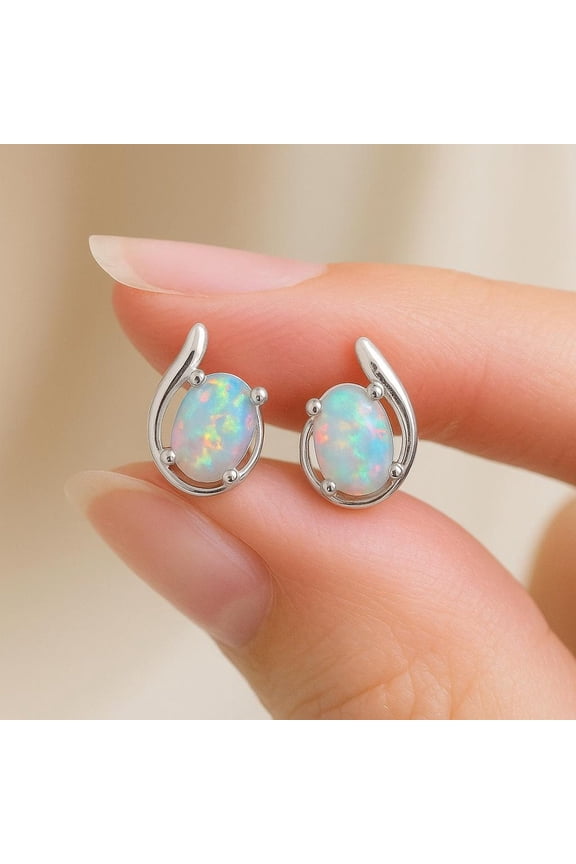 Sterling Silver Opal Stud Earrings for Women, Birthstone Stud Earrings, Oval/Round Shape Opal Earrings Hypoallergenic Jewelry Gift for Birthday Christmas