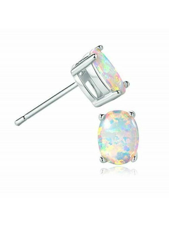 Sterling Silver Opal Stud Earrings for Women, Birthstone Stud Earrings, Oval/Round Shape Opal Earrings Hypoallergenic Jewelry Gift for Birthday Christmas