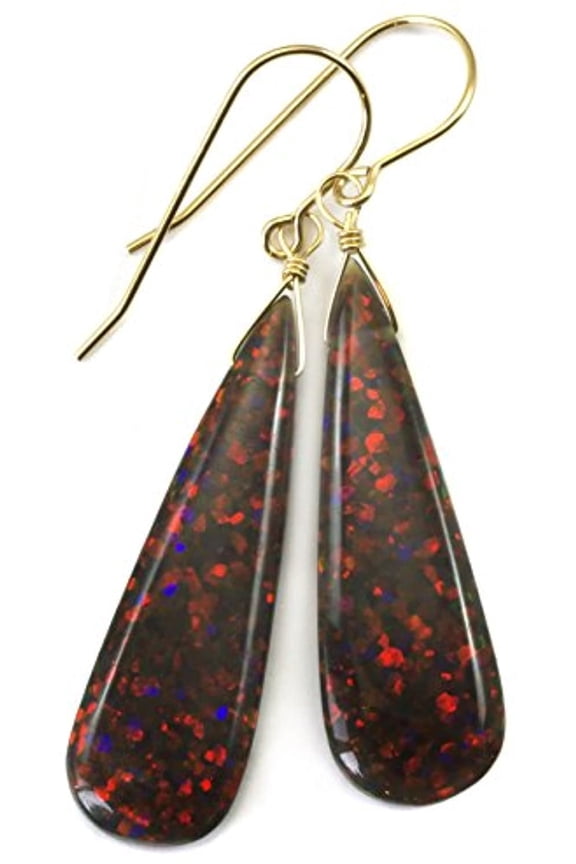 Sterling Silver Opalite Simulated Fire Opal Earrings Long Amber Red Smooth Teardrops Red Green Blue Silvertone Wire Wrap Designed for Adult Women