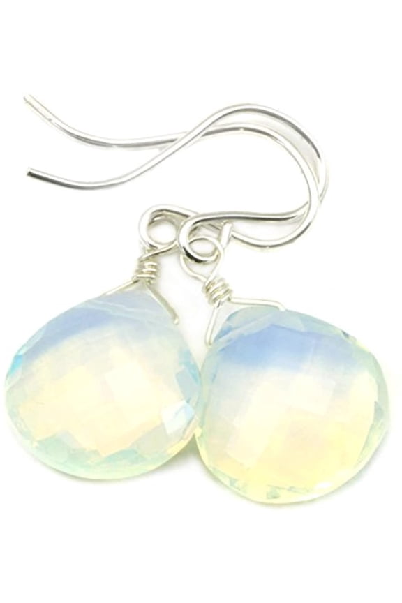 Sterling Silver Opalite Simulated Opal Earrings Faceted Heart Iridescent White Rainbow Colors Simple Briolettes Designed for Adult Women and