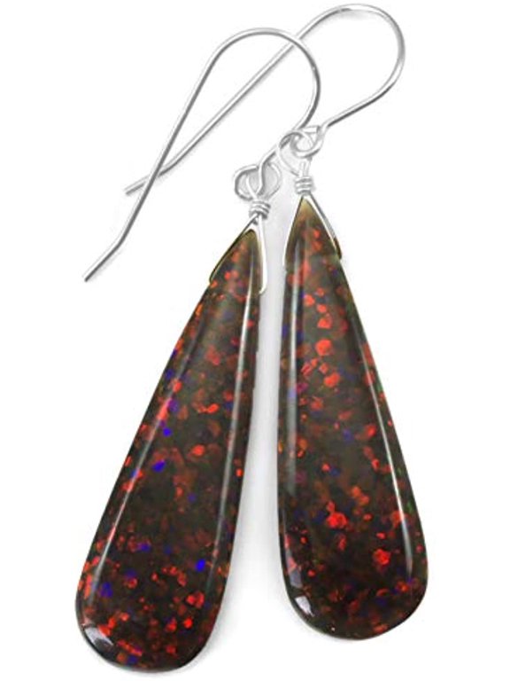 Sterling Silver Opalite Simulated Opal Earrings Long Purple Lavender Smooth Teardrops Pink Green Designed for Adult Women