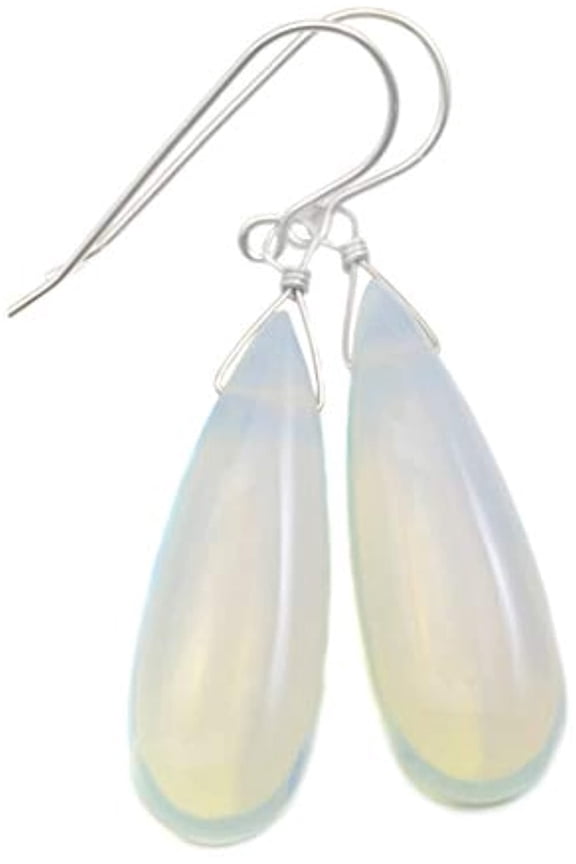 Sterling Silver Opalite Simulated Opal Earrings Smooth Long Cut Teardrops White Rainbow Iridescent Designed for Adult Women