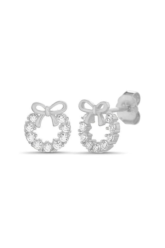 Sterling Silver Open CZ Circle W/ Bow Stud Earrings