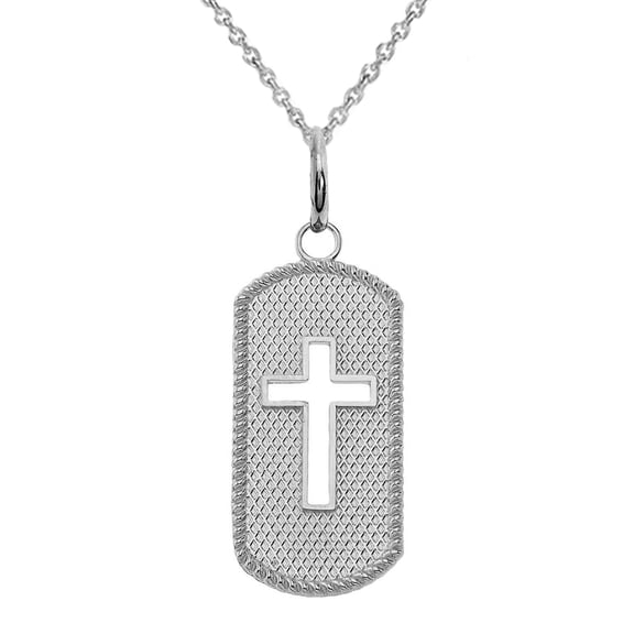 Sterling Silver Open Cross Dog Tag Pendant Necklace (22 Inches)
