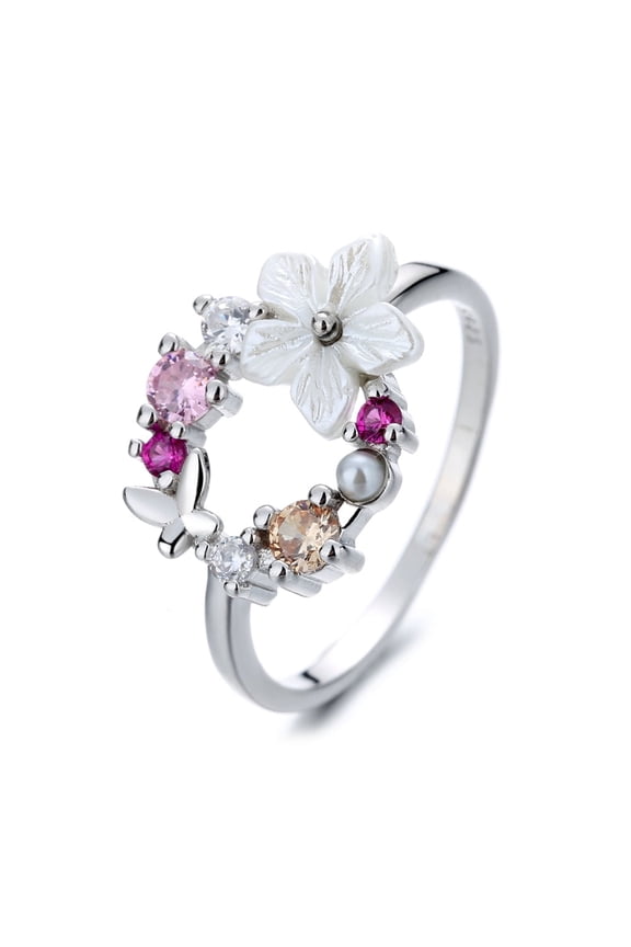 Sterling Silver Open Floral Ring with Crystals