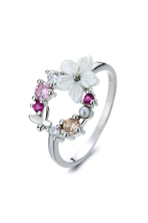 Sterling Silver Open Floral Ring with Crystals from Swarovski