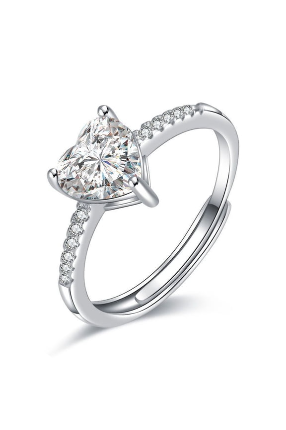 Sterling Silver Open Heart Ring With Micro Rhinestones Three Claw Setting Adjustable Size For Women And Trendy