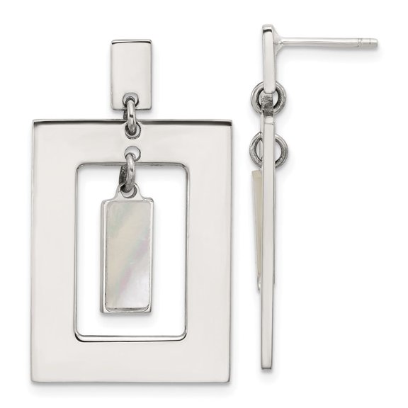 Sterling Silver Open Rectangle with Mother of Pearl Dangle Post Earrings