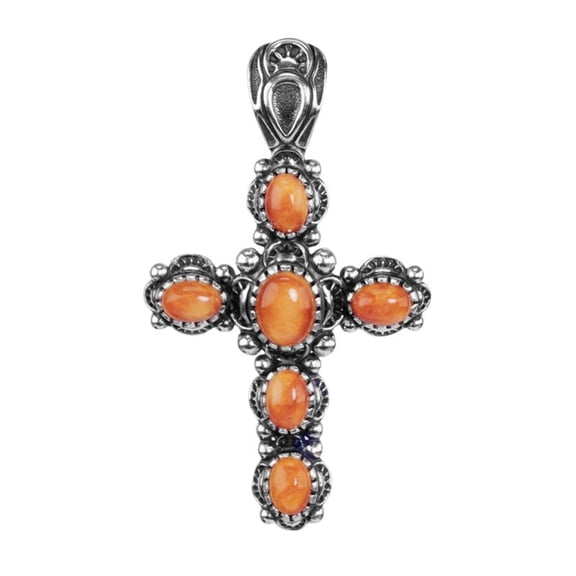 American West Jewelry Sterling Silver Orange Spiny Gemstone Cross Pendant Enhancer