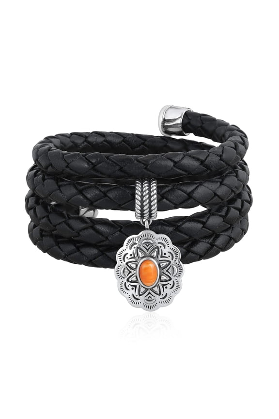 Sterling Silver Orange Spiny Oyster Concha Braided Leather Wrap Bracelet, One Size Fits Most