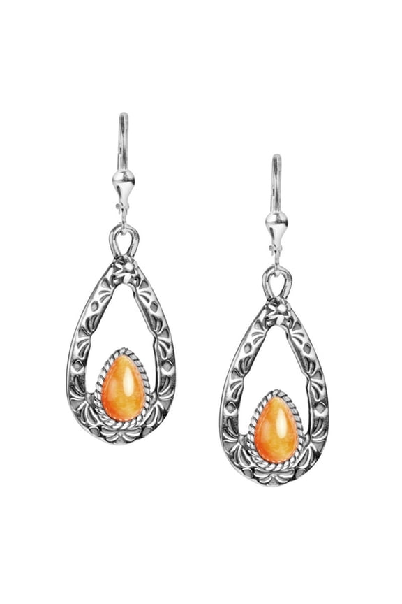 Sterling Silver Orange Spiny Oyster Shell Gemstone Teardrop Dangle Earrings