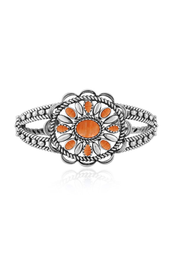 Sterling Silver Orange Spiny Oyster Wildflower Rope Cuff Bracelet, Sizes Small to Large