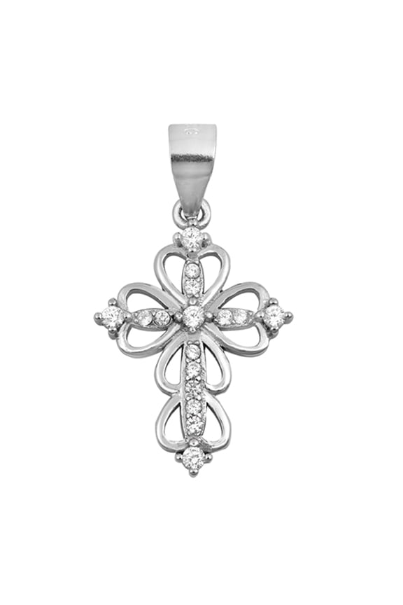 Sterling Silver Ornate Loop Cross Pendant Promise Heart Charm Clear CZ 925 New Jewelry Female
