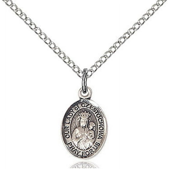 Sterling Silver Our Lady of Czestochowa Pendant 1/2 x 1/4 inches with 18 inch Sterling Silver Curb Chain
