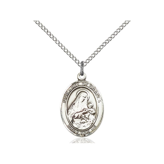 Sterling Silver Our Lady of Grapes Pendant 3/4 x 1/2 inches with Sterling Silver Lite Curb Chain
