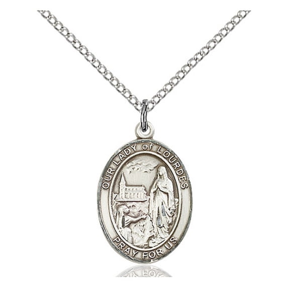 Sterling Silver Our Lady of Lourdes Pendant 3/4 x 1/2 inches with Sterling Silver Lite Curb Chain