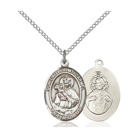 Sterling Silver Our Lady of Mount Carmel Pendant 3/4 x 1/2 inches with Sterling Silver Lite Curb Chain