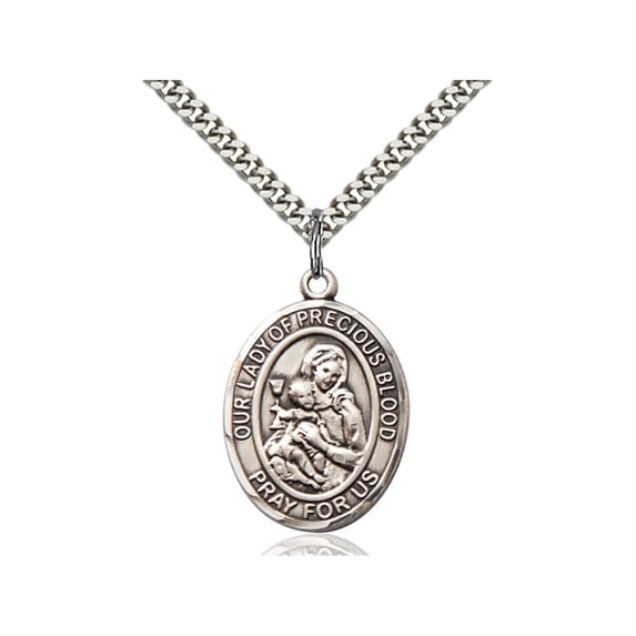Sterling Silver Our Lady of the Precious Blood Pendant 1 x 3/4 inches with Heavy Curb Chain