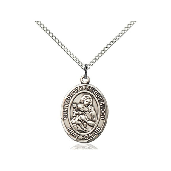 Sterling Silver Our Lady of the Precious Blood Pendant 3/4 x 1/2 inches with 18 inch Sterling Silver Curb Chain