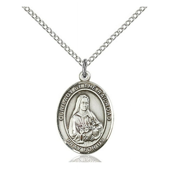 Sterling Silver Our Lady of the Railroad Pendant 3/4 x 1/2 inches with Sterling Silver Lite Curb Chain