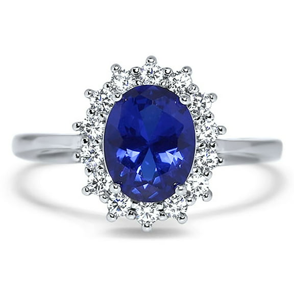 Sterling Silver Oval Blue Sapphire CZ Halo Engagement Ring for Women Size 7