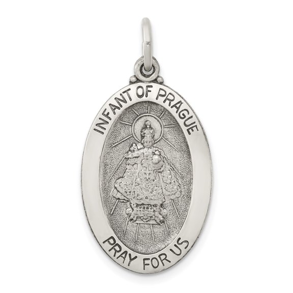Sterling Silver Oval Catholic Medal Pendant with Infant of Prague Engraving, Religious Necklace for Women, Christian Jewelry Symbolizing Faith and Protection