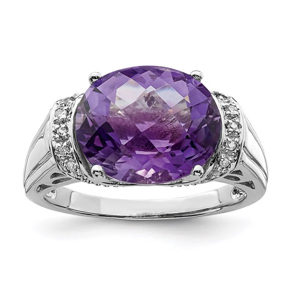 925 Sterling Silver Polished Oval Amethyst and Diamond Ring Size 7 -  Jewelry Gift for Mom