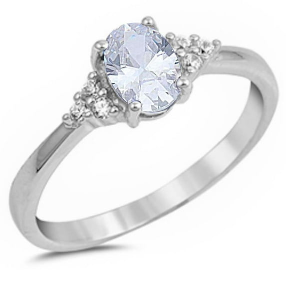 Sterling Silver Oval Clear CZ Classic Ring Size 7