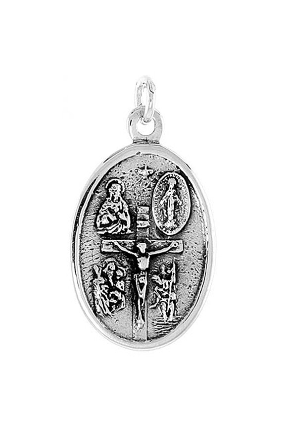 Sterling Silver Oval Four Way Medal Pendant Oxidized finish Oval 1 inch