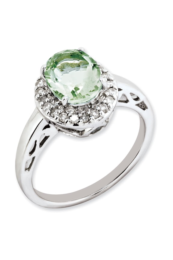 Sterling Silver Oval Green Quartz & Diamond Ring