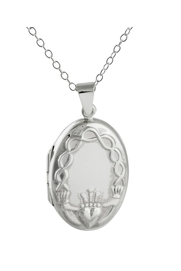 Sterling Silver Oval Irish Claddagh Locket Necklace, 18" Chain, Love Loyalty Friendship
