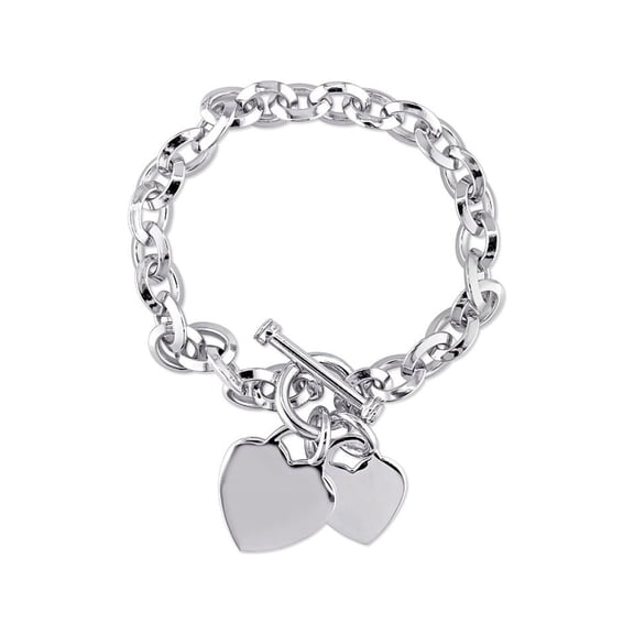Sterling Silver Oval Link Heart Charm Bracelet with Toggle Clasp (7.50 inches) for Women