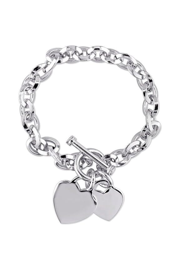 Sterling Silver Oval Link Heart Charm Bracelet with Toggle Clasp (7.50 inches) for Women