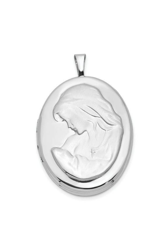 Sterling Silver Oval Locket Necklace with Virgin Mary Profile and Cross for Women, Catholic Christian Pendant, Spiritual Religious Jewelry, Symbol of Faith and Devotion